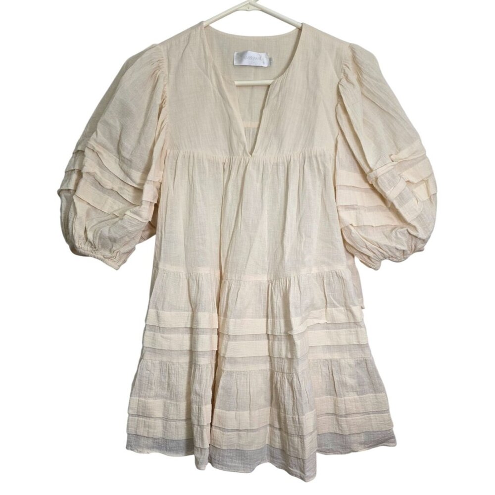 Zimmermann Cream Top Tiered Pleats 3/4 Puff Sleeves Solid Shirt Blouse 0  US 4